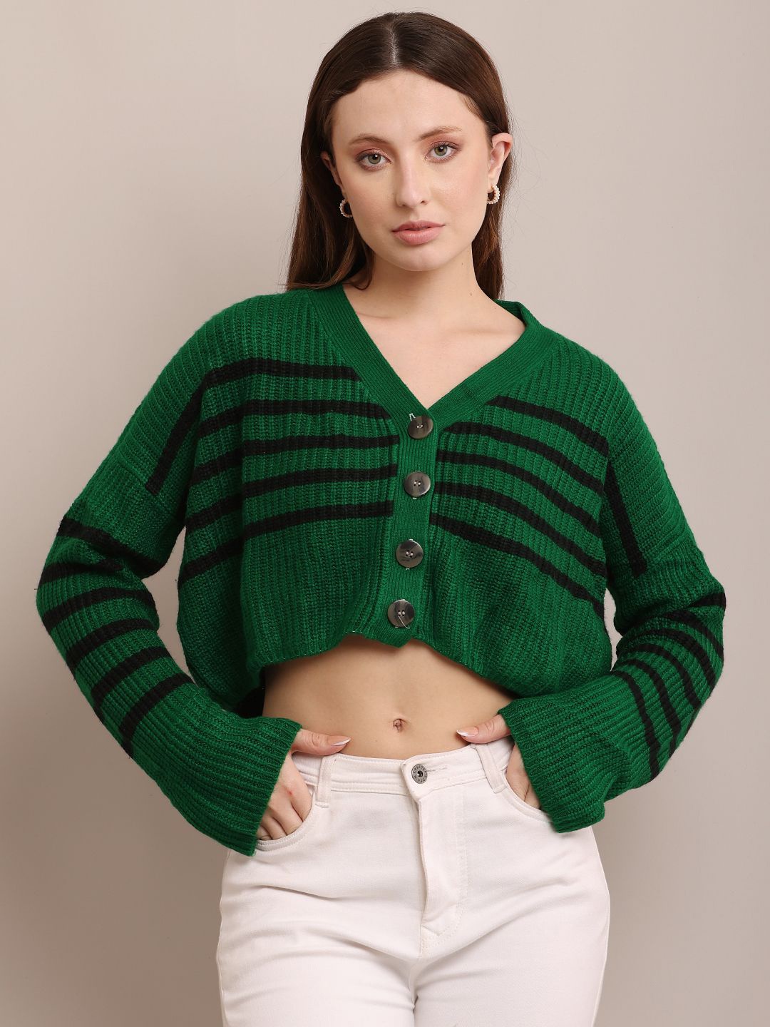 

NoBarr Women Striped V-Neck Cardigan High-Low Sweater, Green