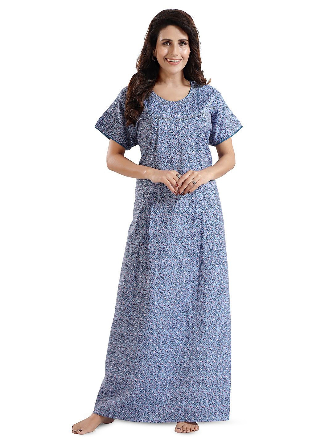 

NIGHT QUEEN Women Floral Printed Maxi Nightdress, Blue
