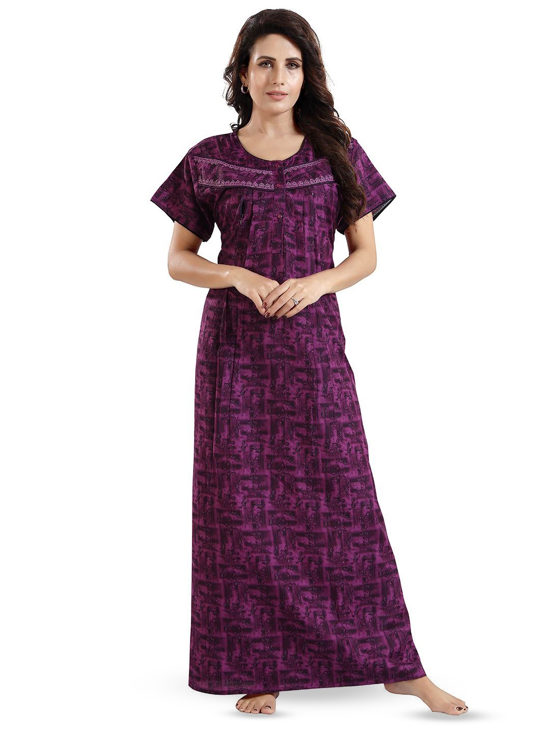 

NIGHT QUEEN Women Everyday Floral Printed Sweat Nightdress Maxi Nightdress, Purple