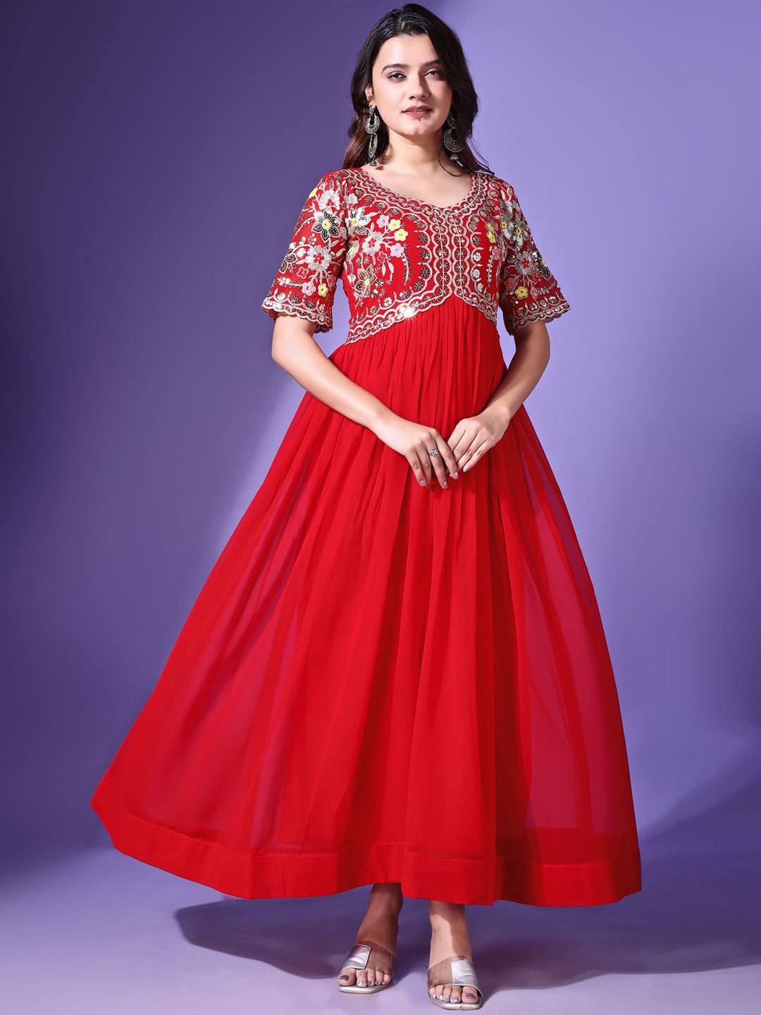 

Fashionuma Women Geometric Yoke Design Georgette Kurta, Red