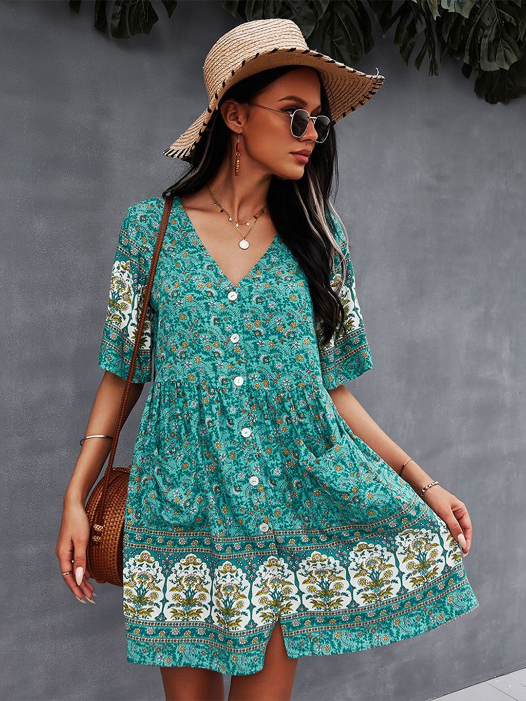 

StyleCast women Ethnic Motifs Print A-Line Mini Dress, Sea green