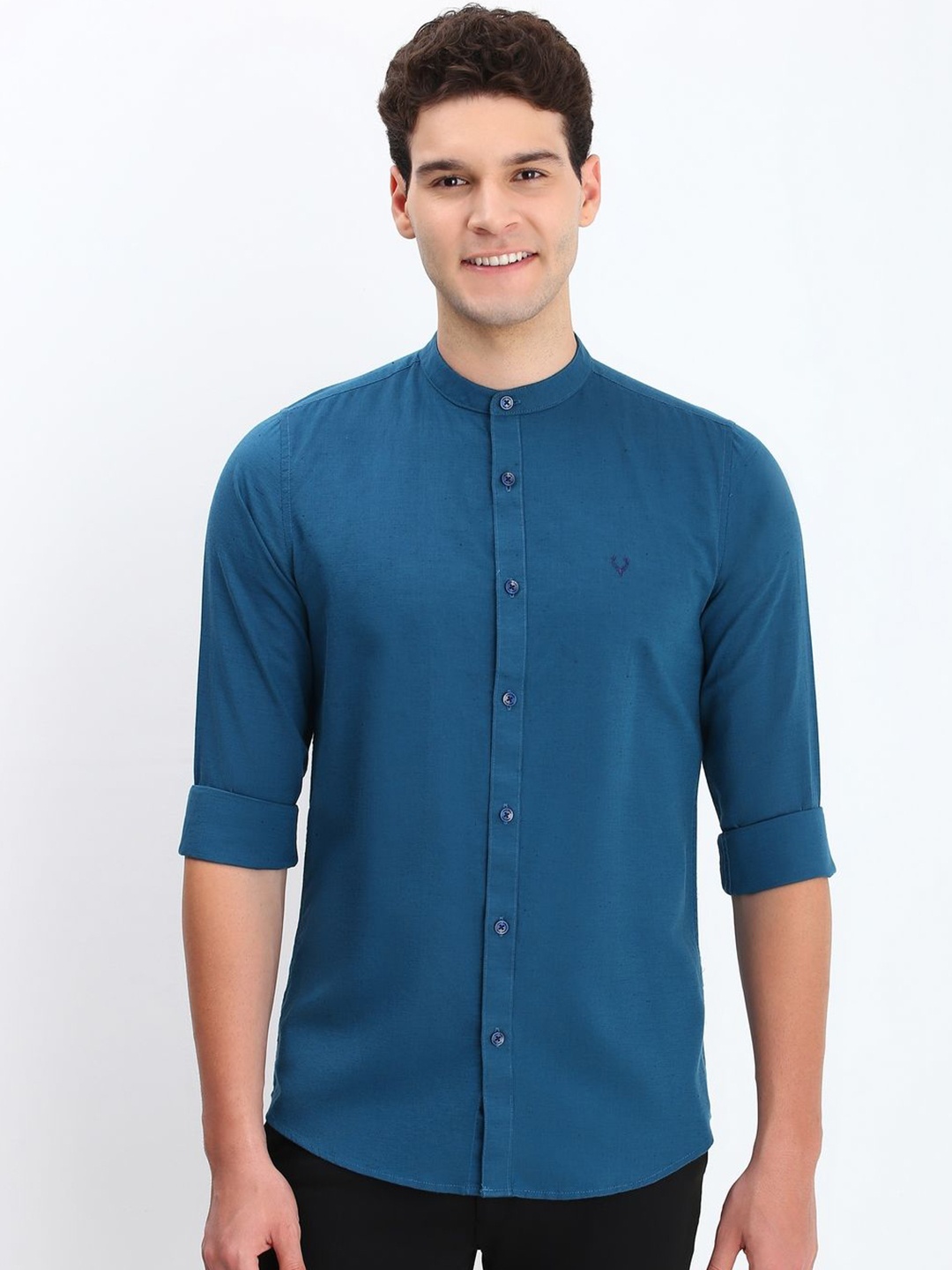 

Allen Solly Men Band Collar Solid Cotton Slim Fit Casual Shirt, Blue