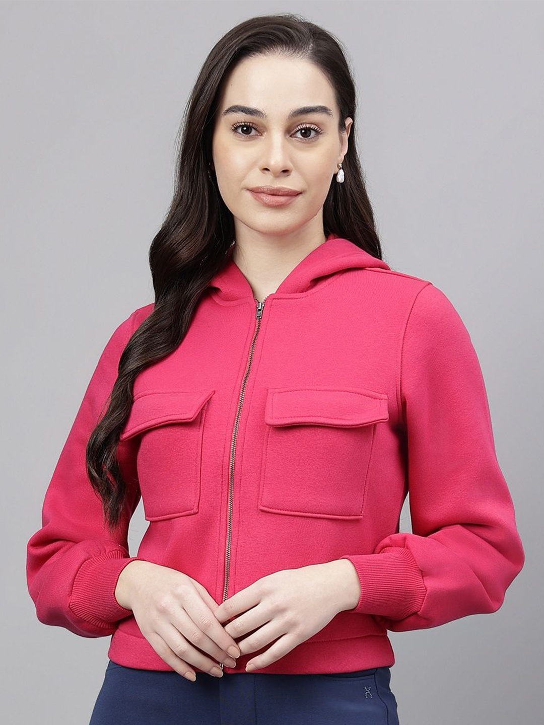 

Xpose Women Solid Hood Fleece Front-Open Sweatshirt, Fuchsia