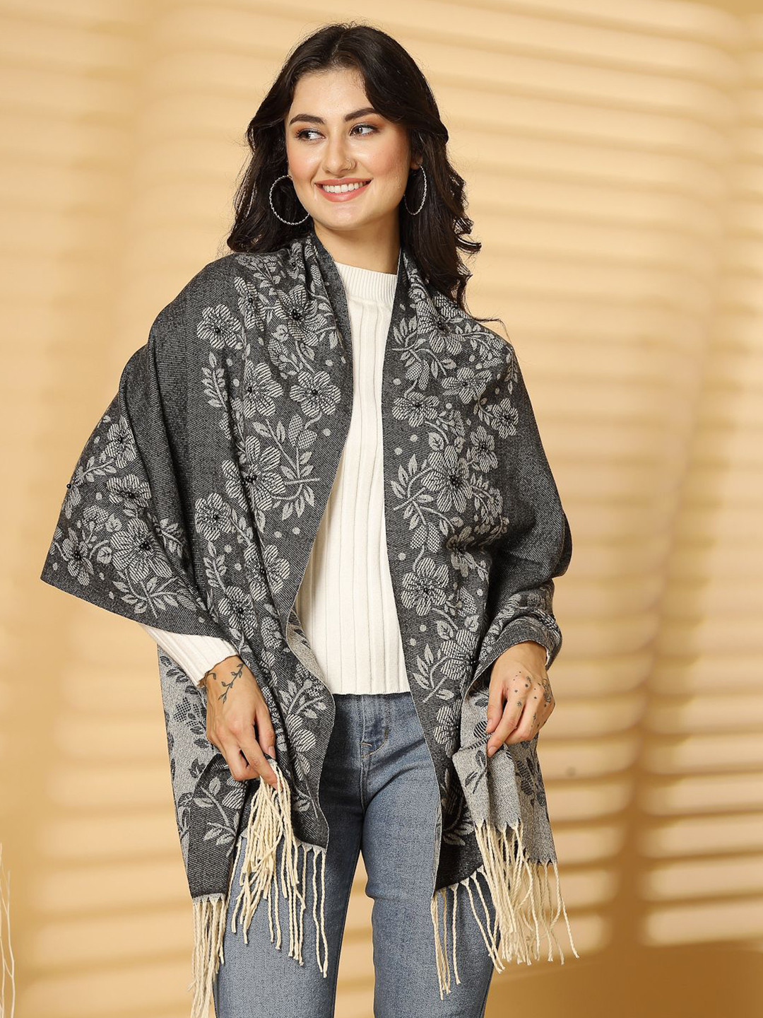 

Mafadeny Women Floral Woven Design Stole, Black