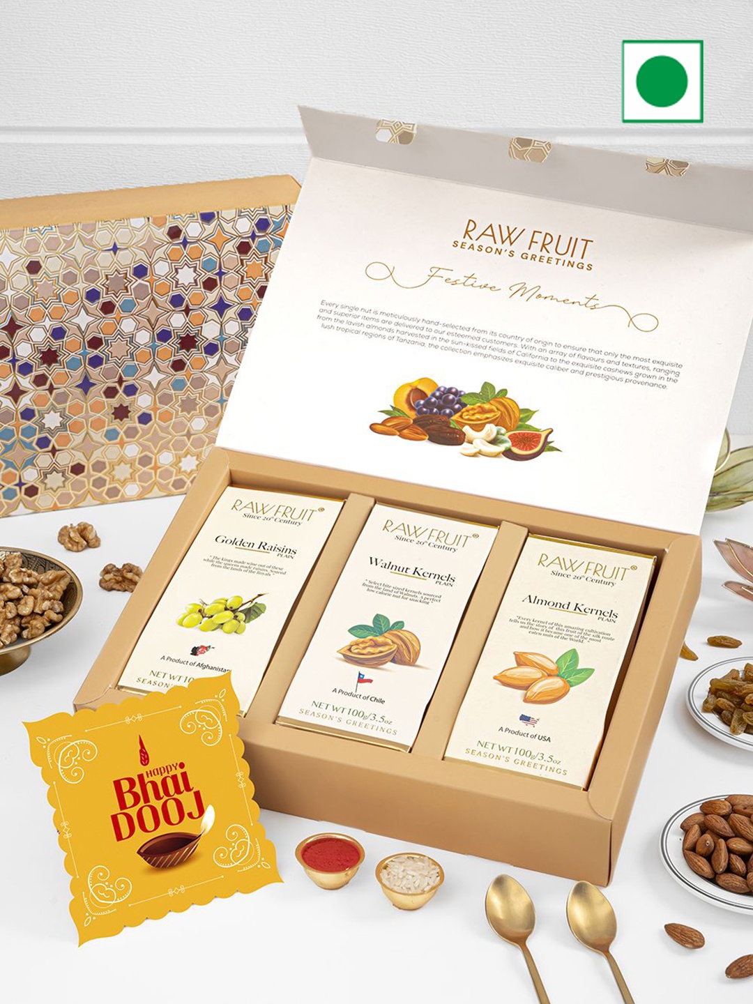 

RawFruit Bhai Dooj Dry Fruit Gift Pack with Roli Chawal, Beige