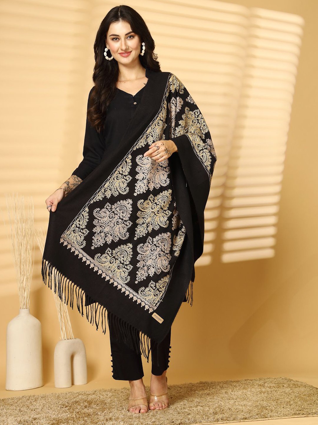 

Mafadeny Women Embroidered Winter Stole, Black