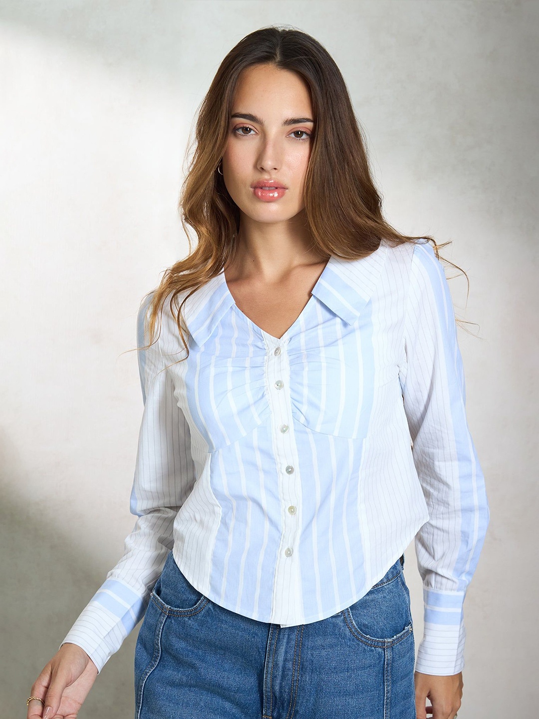 

Virgio Women Cotton Shirt Collar Crop Length Stripes Full Sleeve Shirt, White