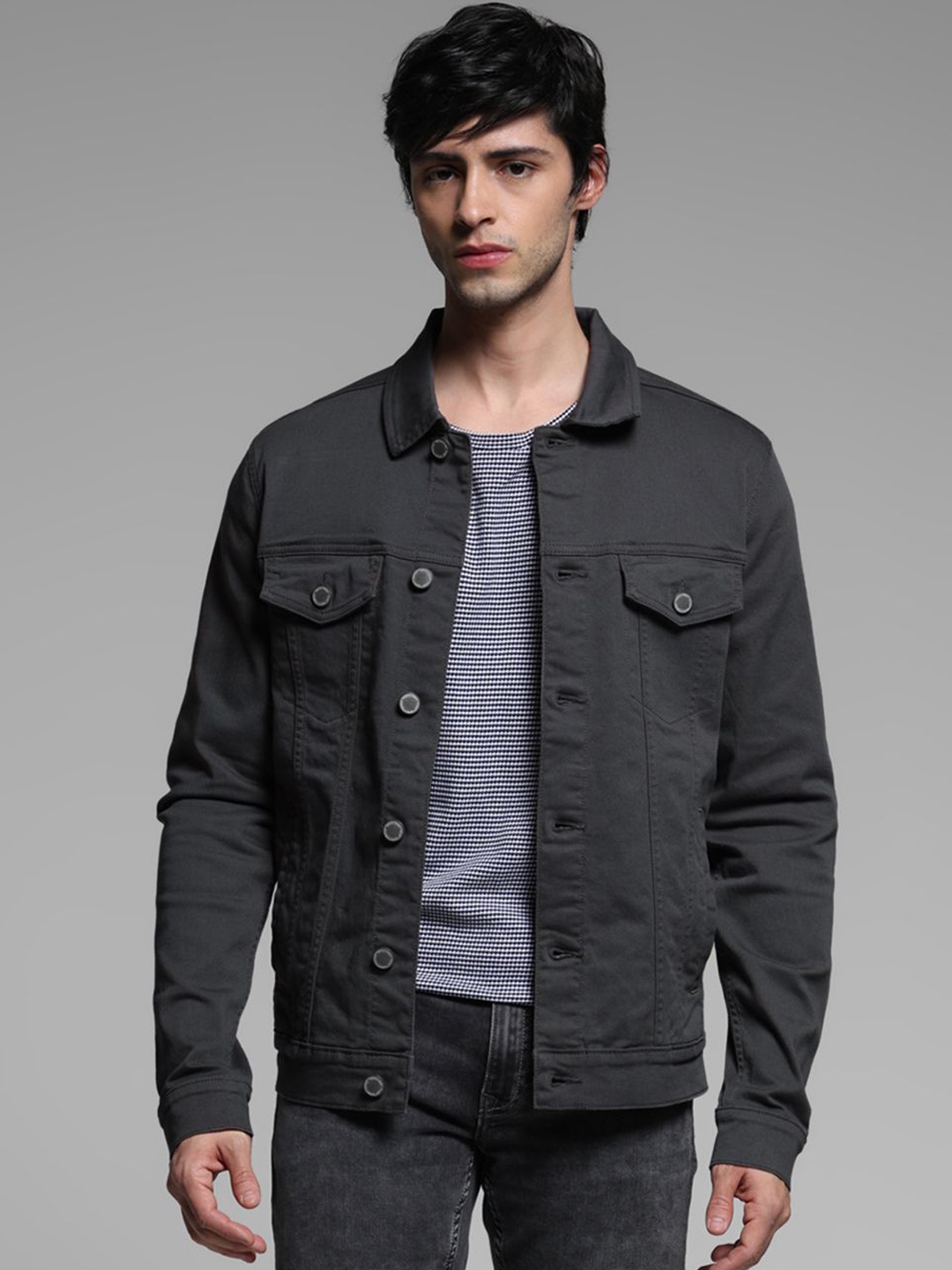 

Jack & Jones Men Spread Collar Solid Cotton Casual Denim Jacket, Black