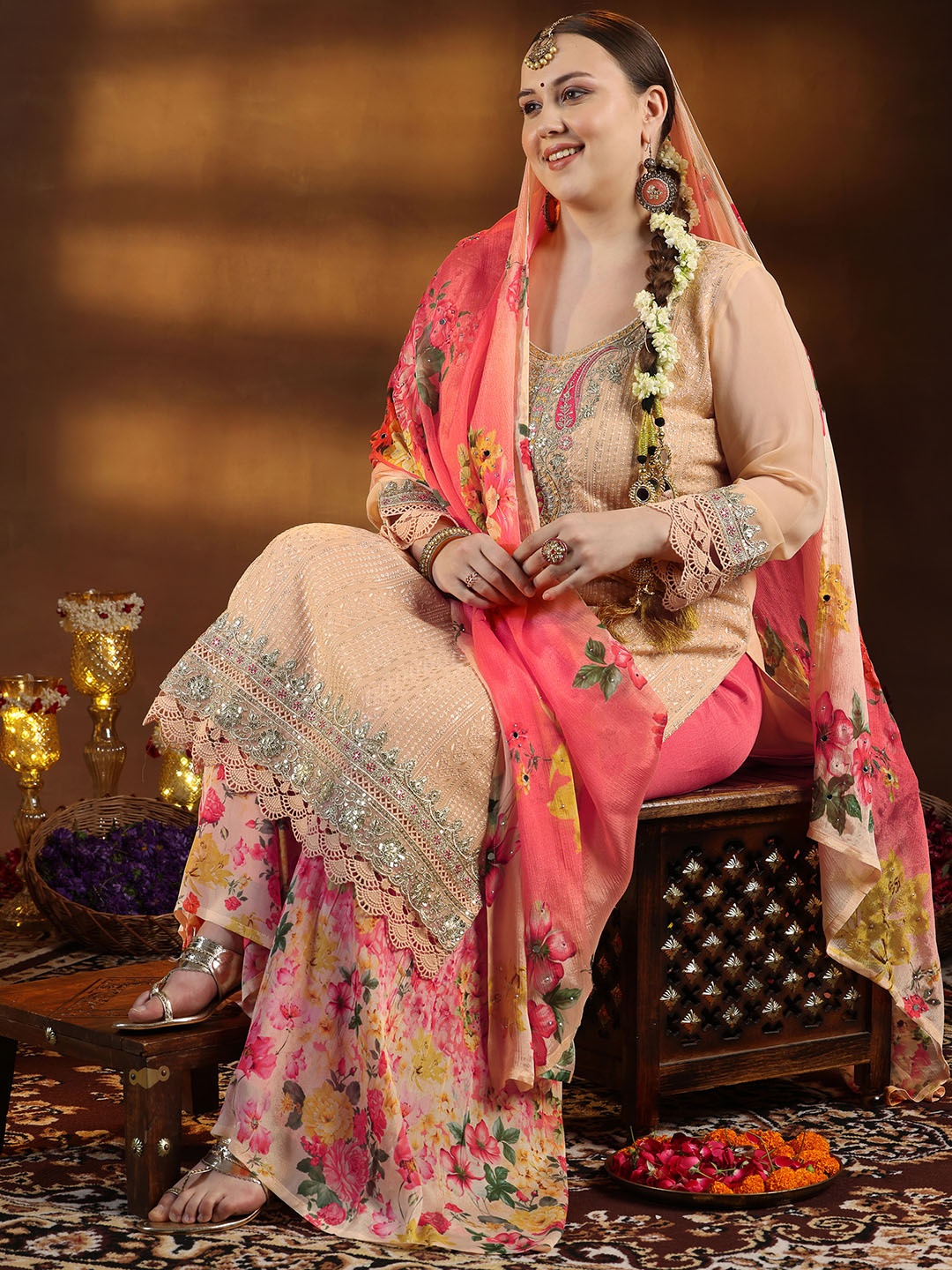 

EXTRA LOVE BY LIBAS Plus Size Floral Embroidered Sequinned Kurta With Sharara & Dupatta, Peach