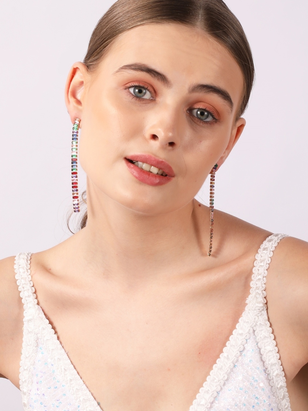 

KPOP Rose Gold-Plated Rhinestone Studded Contemporary Drop Earrings