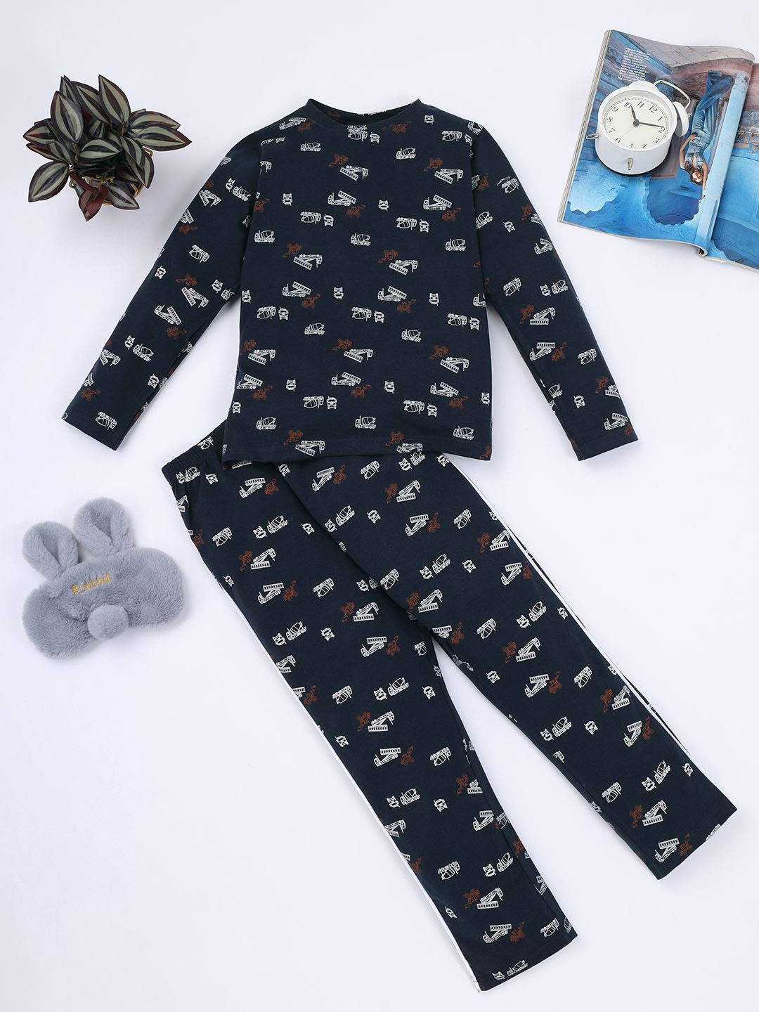 

RAINE AND JAINE Boys Printed Pure Cotton Night suit, Navy blue