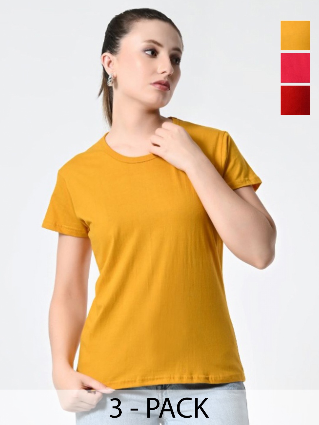 

BAESD Women Pack Of 3 Solid Round Neck Cotton T-shirts, Mustard