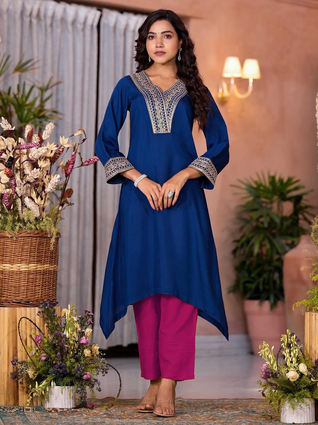 

Juniper Floral Embroidered Panelled Zari Anarkali Kurta With Trouser, Blue