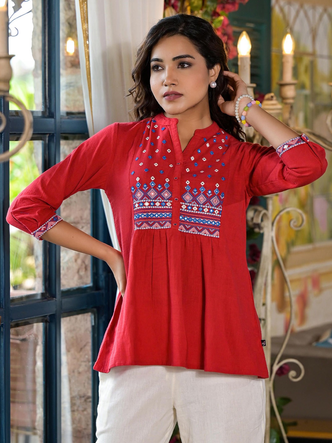 

Juniper Women Geometric Embroidered Cotton Tunic With Embellished Detail, Red