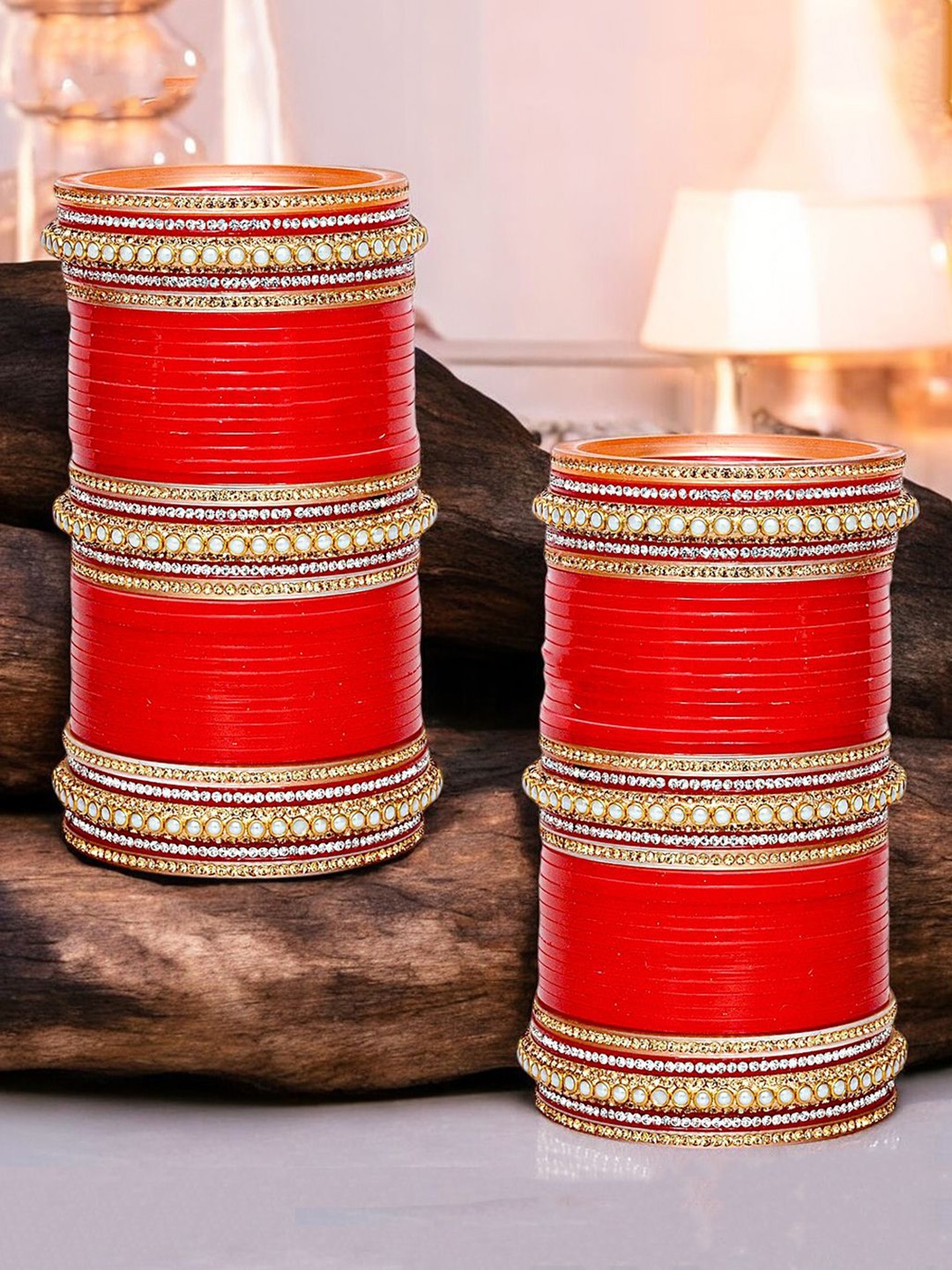 

LUCKY JEWELLERY Stone-Studded Punjabi Chura Bridal Wedding Bangle Set, Red