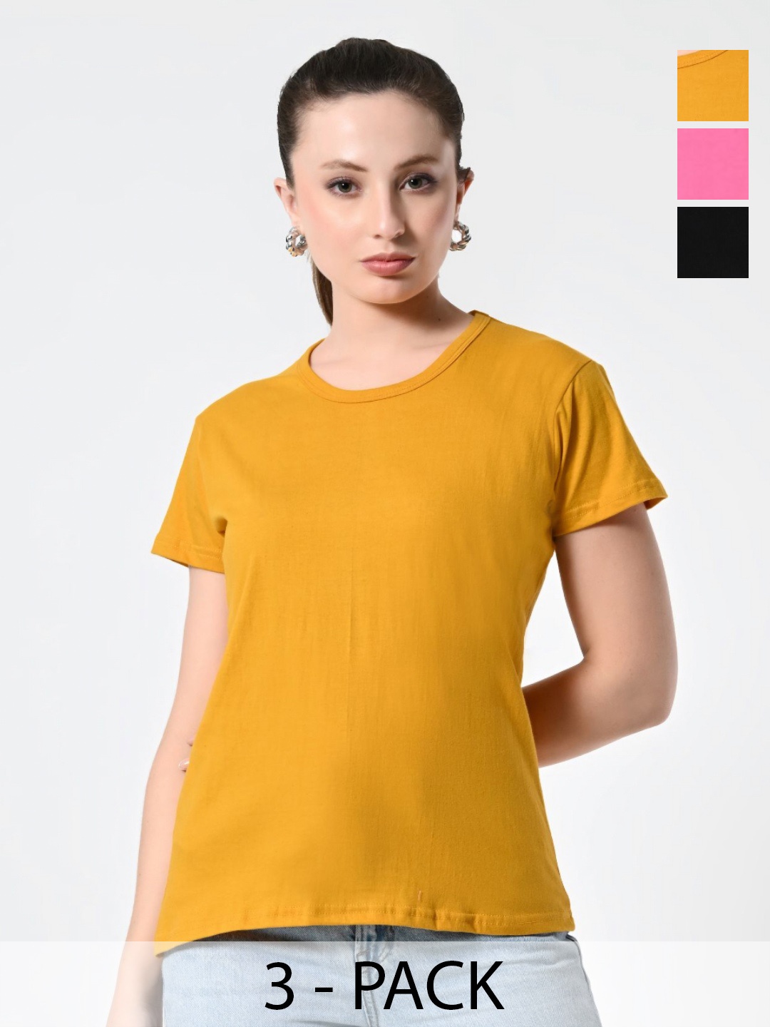 

BAESD Women Pack Of 3 Solid Round Neck Cotton T-shirts, Yellow