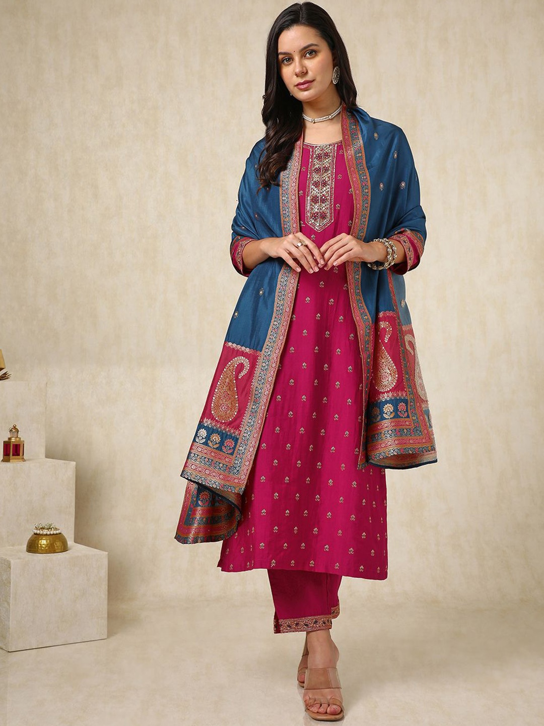 

Soch Ethnic Motifs Embroidered Zardozi Straight Kurta with Trousers & Dupatta, Rust