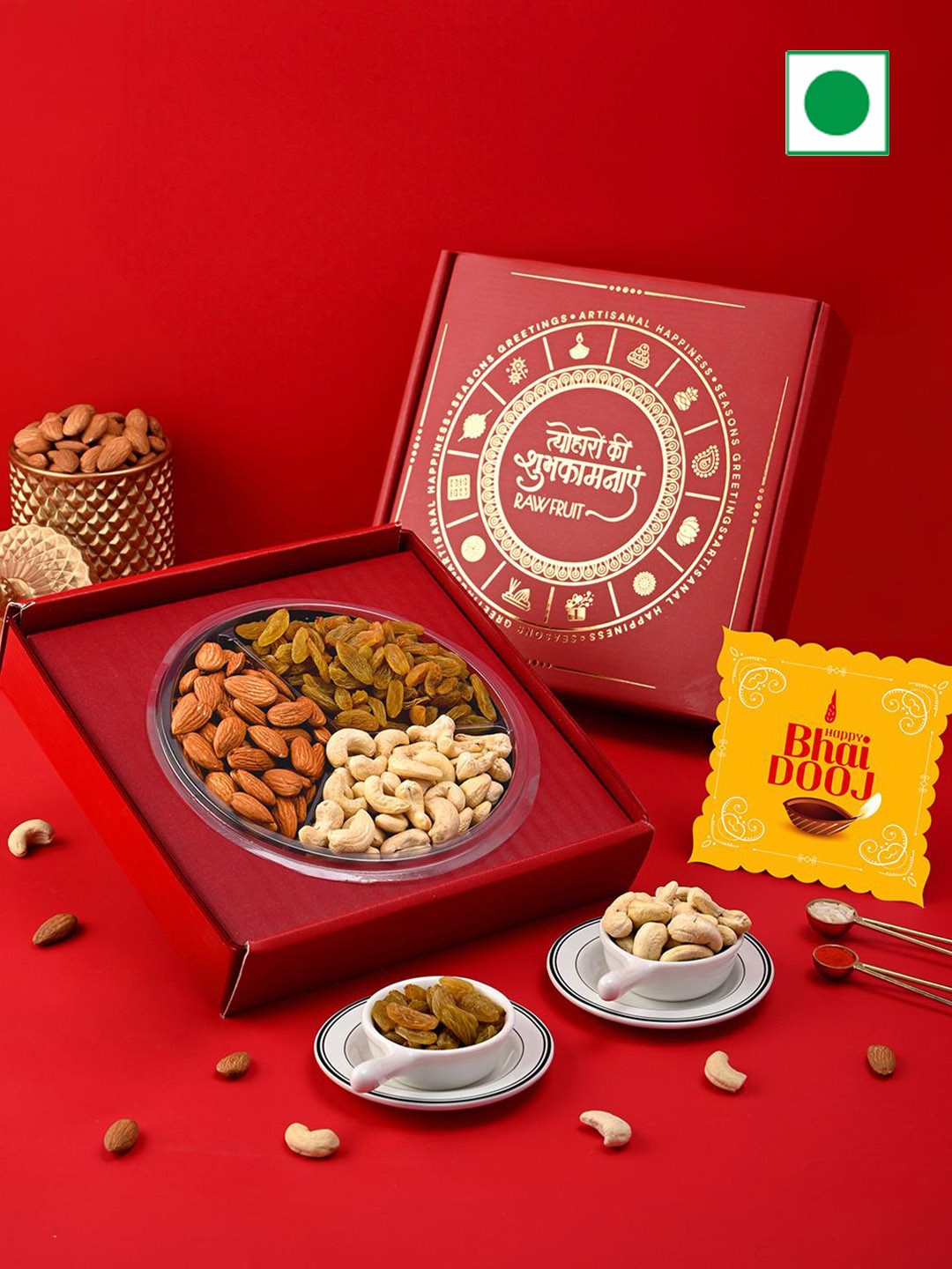 

RawFruit Bhai Dooj Dry Fruit Gift Pack With Roli Chawal, Red