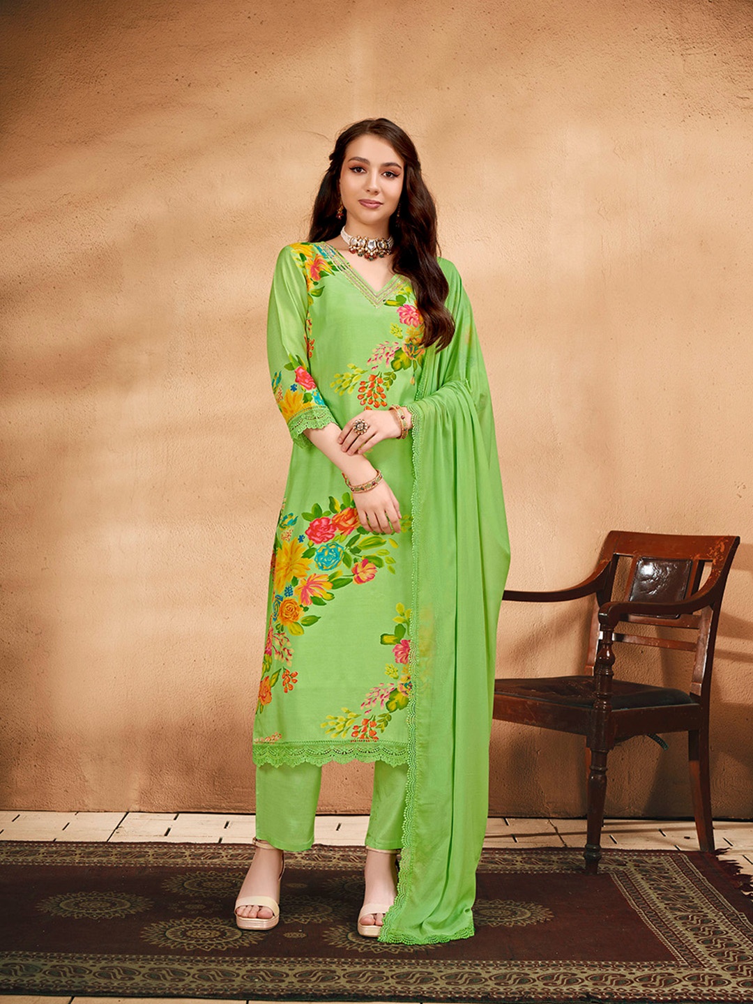 

Anouk Floral Printed V-Neck Beads Work Straight Kurta With Trouser With Dupatta, Green