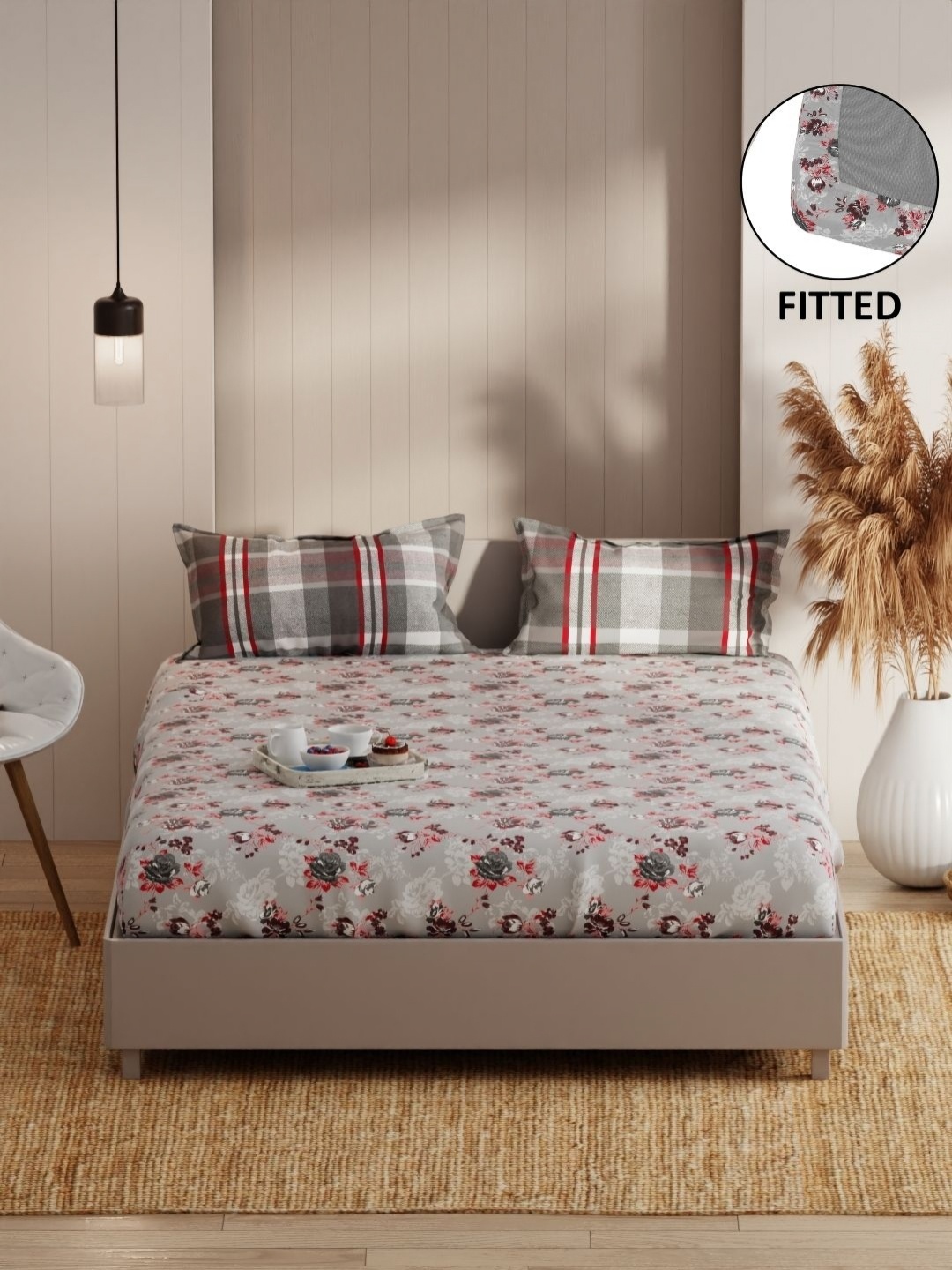 

KOPA Grey Floral 152TC Microfiber Fitted Double Queen Bedsheet Set-1.80 m X 1.98 m X 25 cm