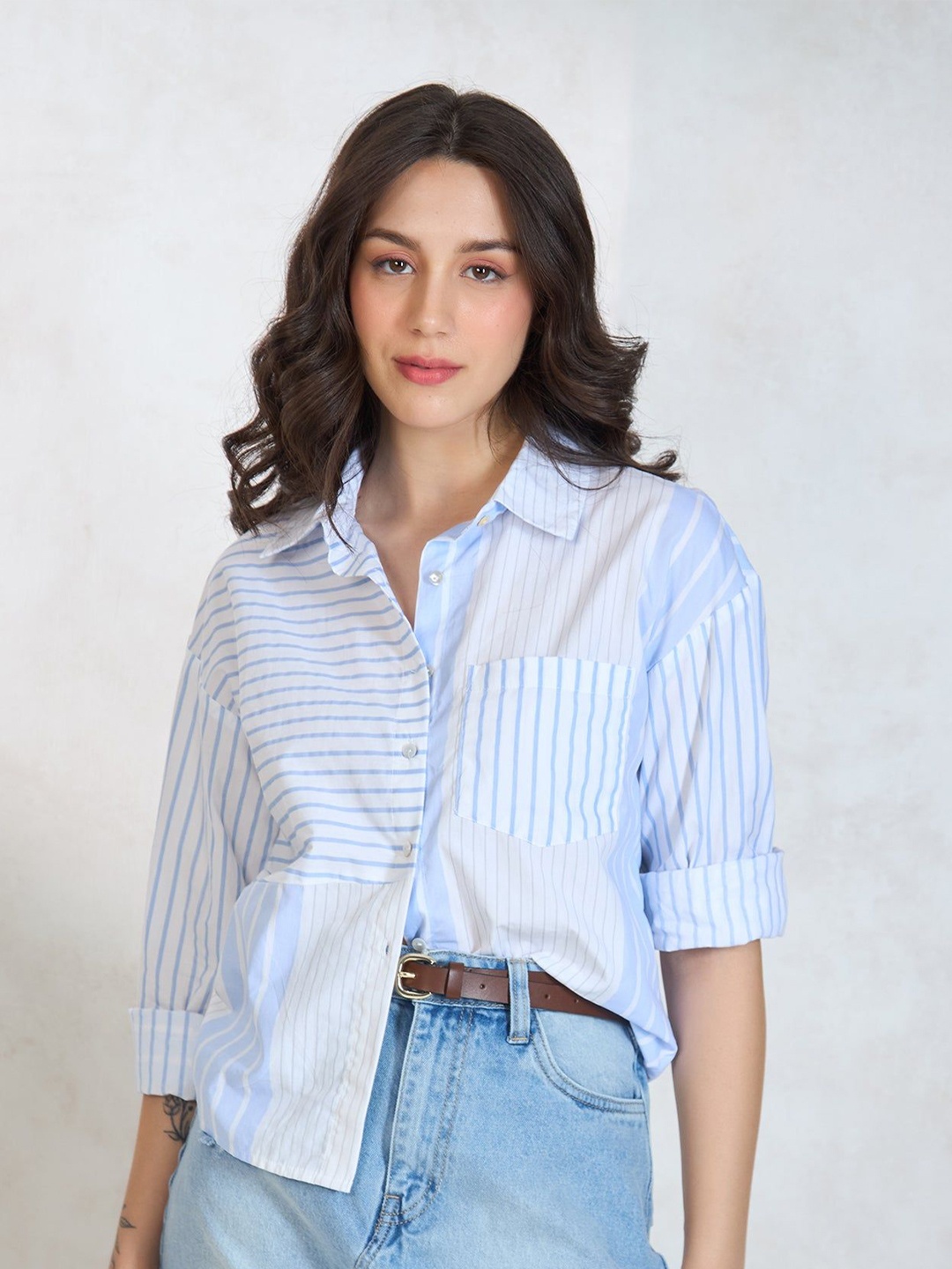 

Virgio Women Cotton Shirt Collar Regular Length Stripes Full Sleeve Shirt, White