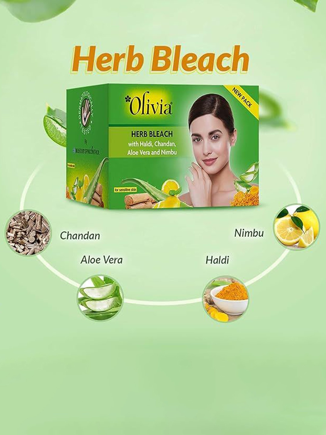 

Olivia Herb Bleach With Haldi, Chandan, Aloevera & Numbu For Sensitive Skin - 30g, Green