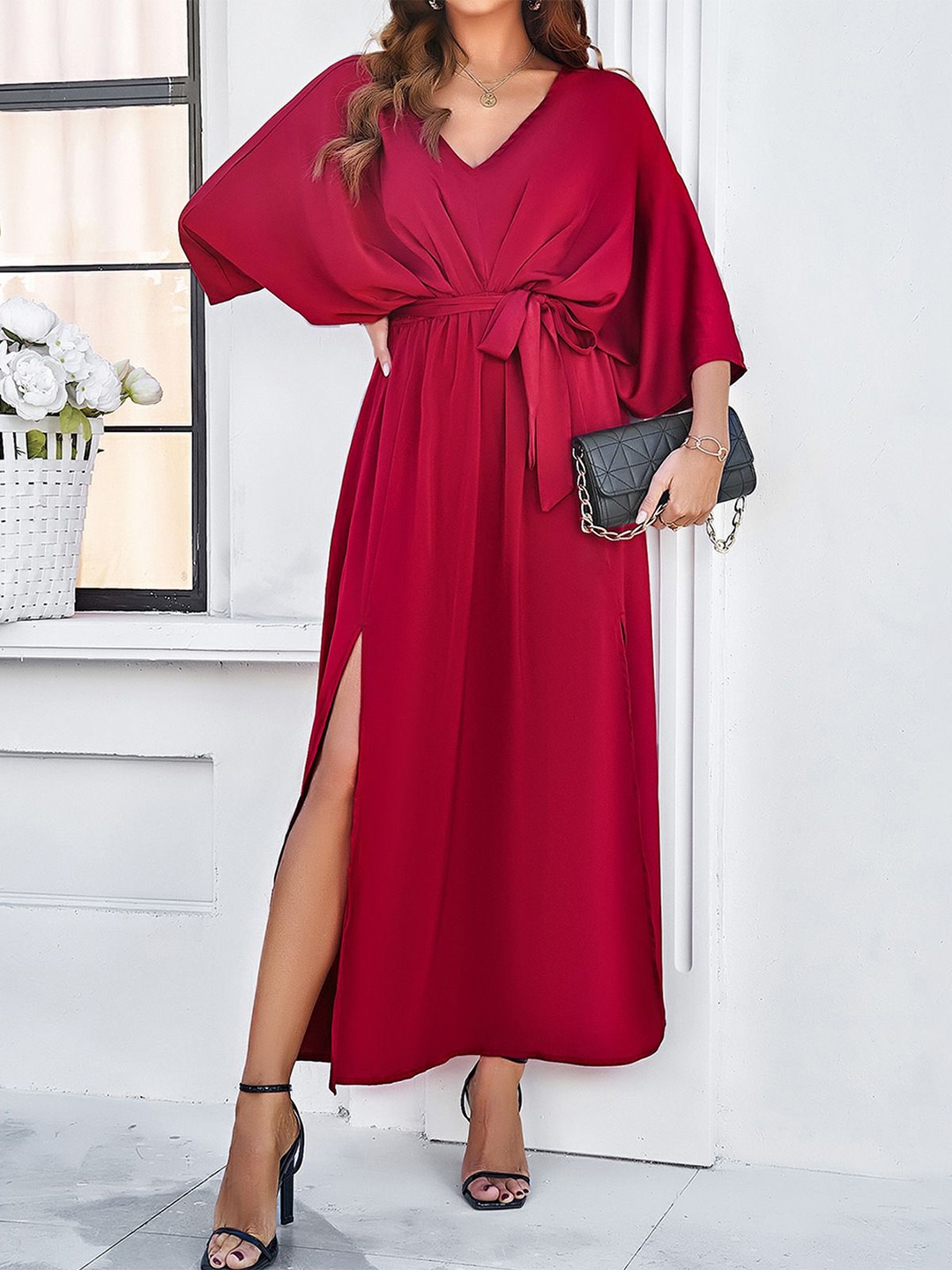 

StyleCast Women Puff Sleeve Wrap Midi Dress, Maroon