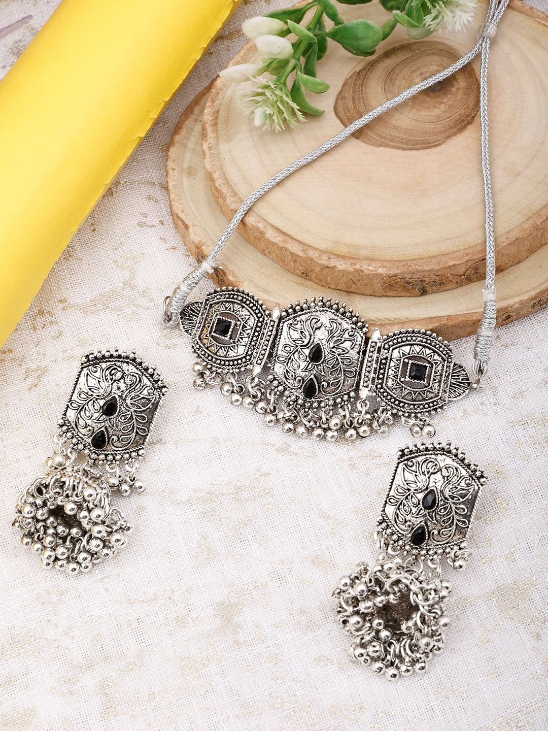

SUNHARI Stone Studded & Beaded Oxidised Jewellery Set, Silver