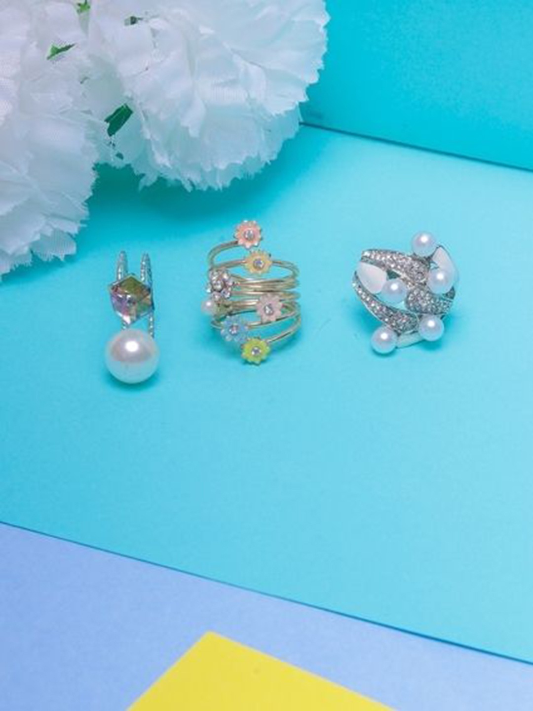 

KPOP Set Of 3 Silver-Plated Stone-Studded & Beaded Adjustable Finger Rings