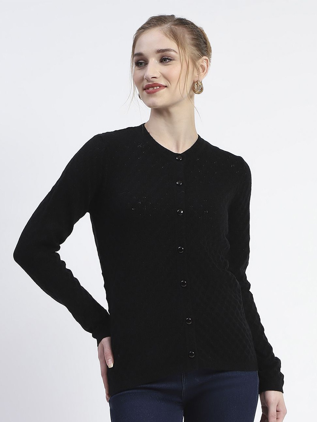 

Madame Women Self Design Ribbed Cardigan Sweater, Black