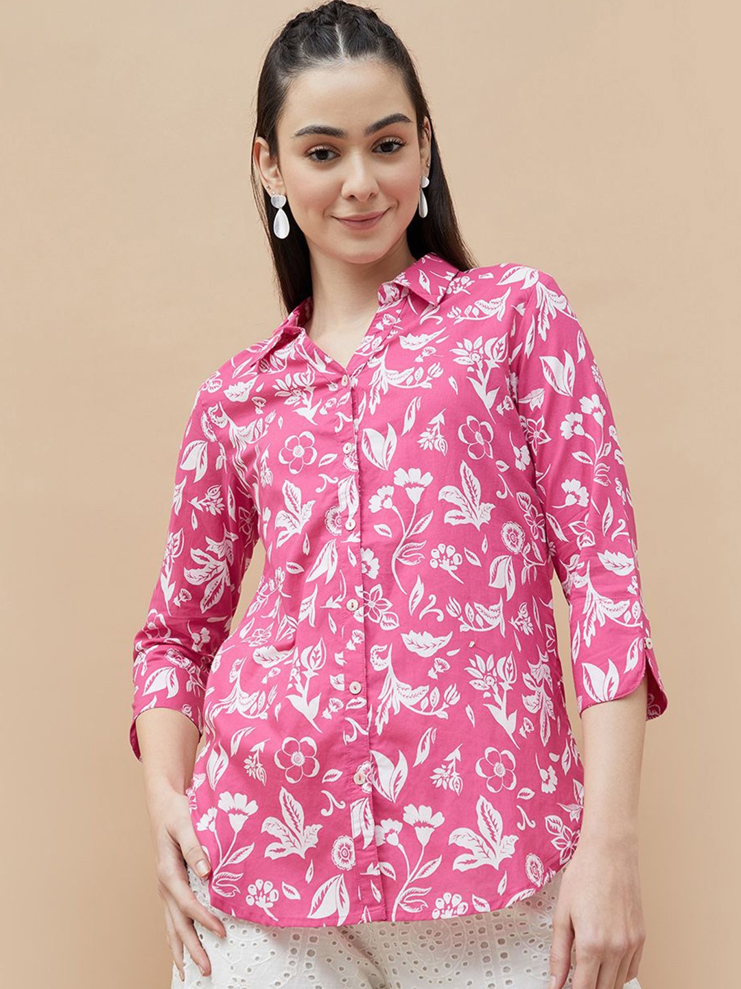 

Colour Me by Melange Women Spread Collar Floral Printed Cotton Casual Shirt, Pink