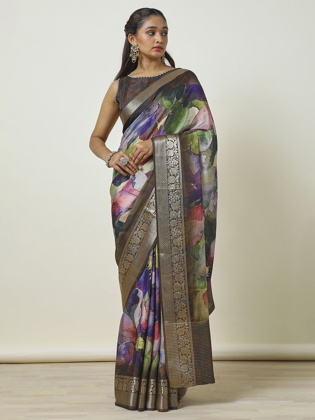 

Soch Floral Printed Zari Organza Saree, Purple
