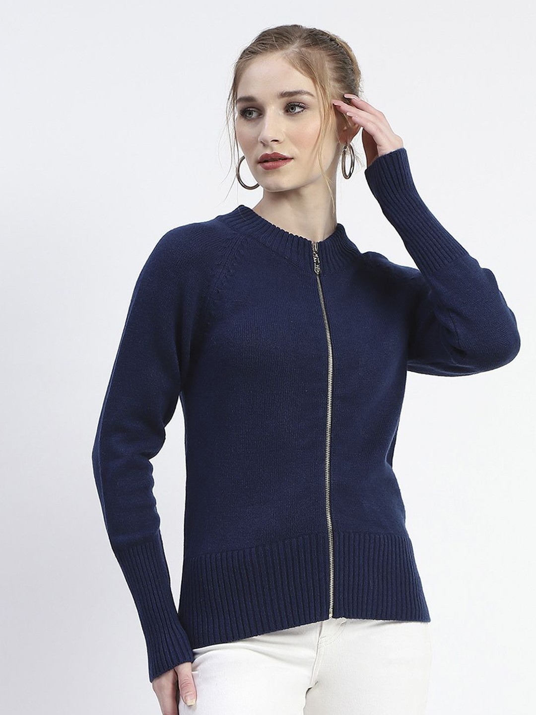 

Madame Women Solid Ribbed Cardigan Sweater, Navy blue