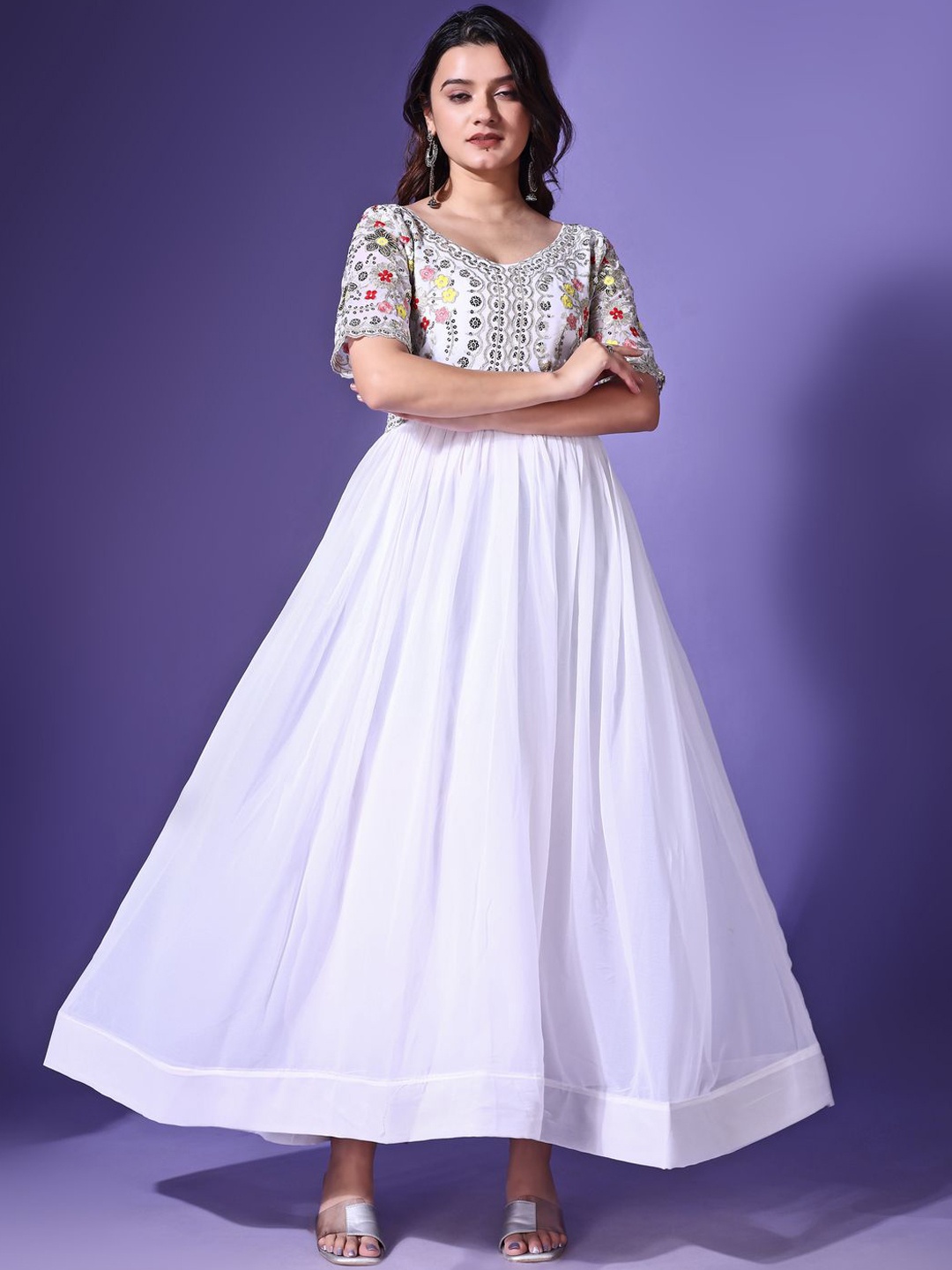 

Wedani Women Embroidered Thread Work V-neck Ethnic Dresses, White