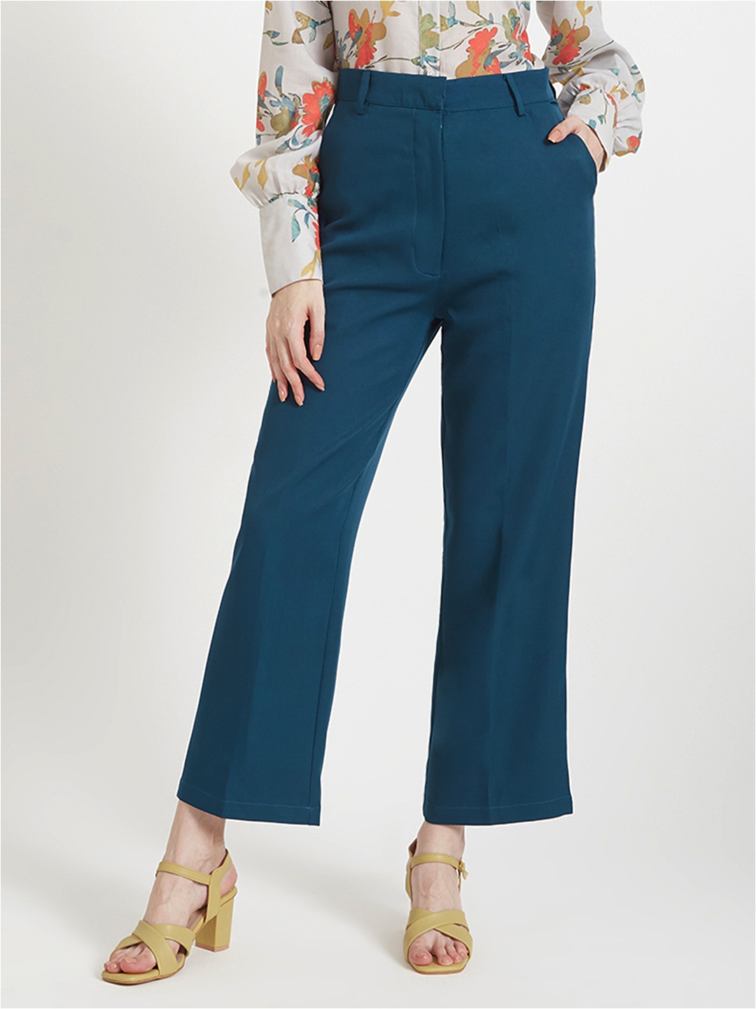 

AMSWAN Women Smart Straight Fit High-Rise Parallel Trousers, Teal