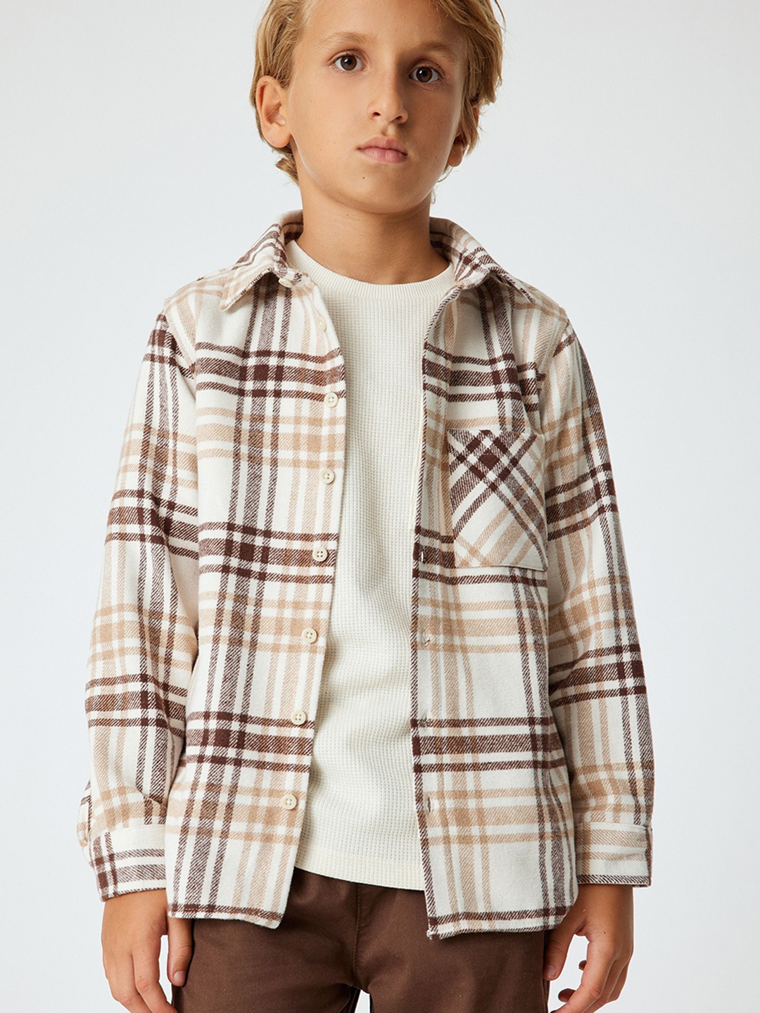 

Koton Boys Spread Collar Tartan Checked Cotton Casual Shirt, White
