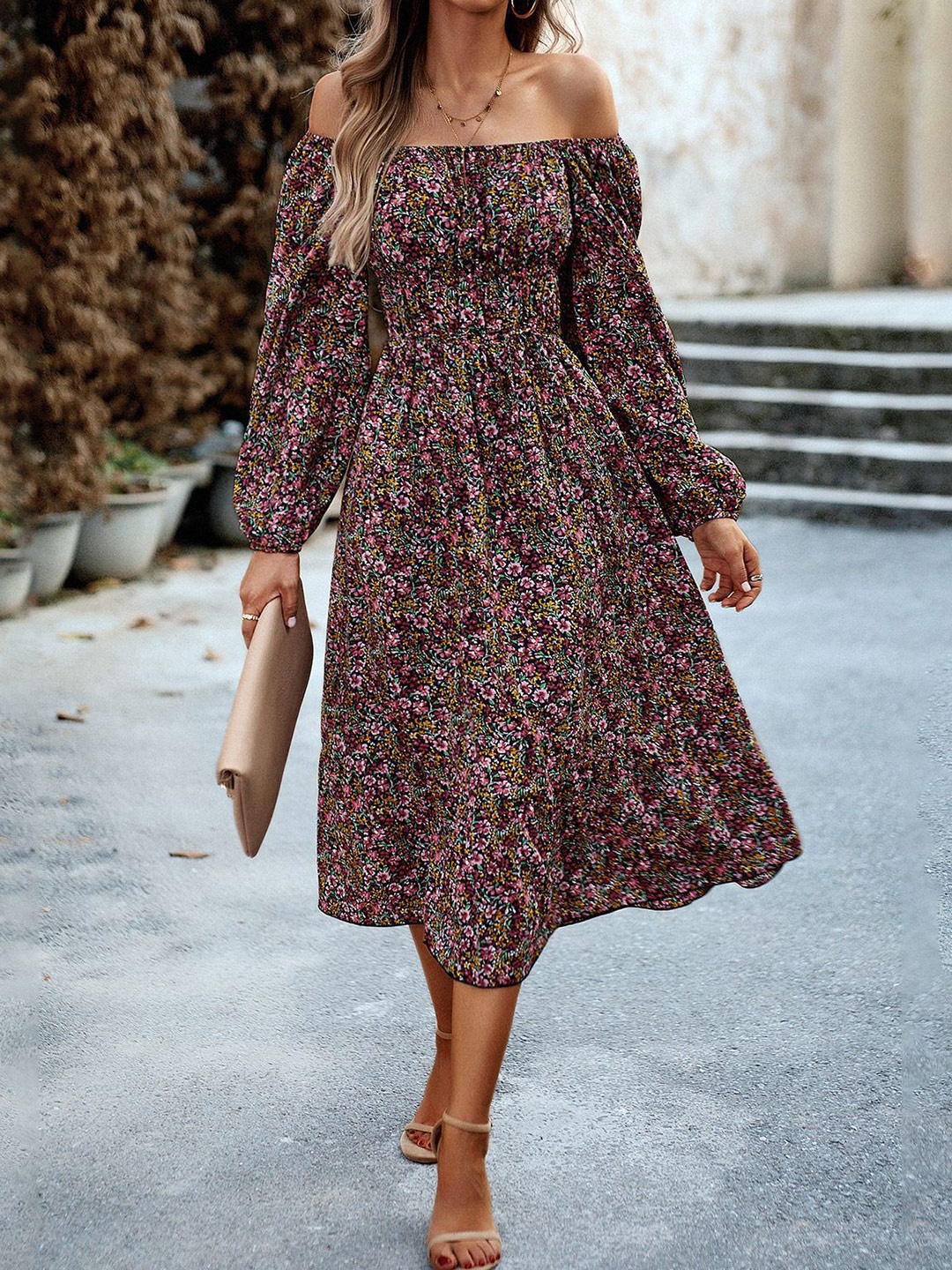 

StyleCast women Floral Print A-Line off shoulder Midi Dress, Brown