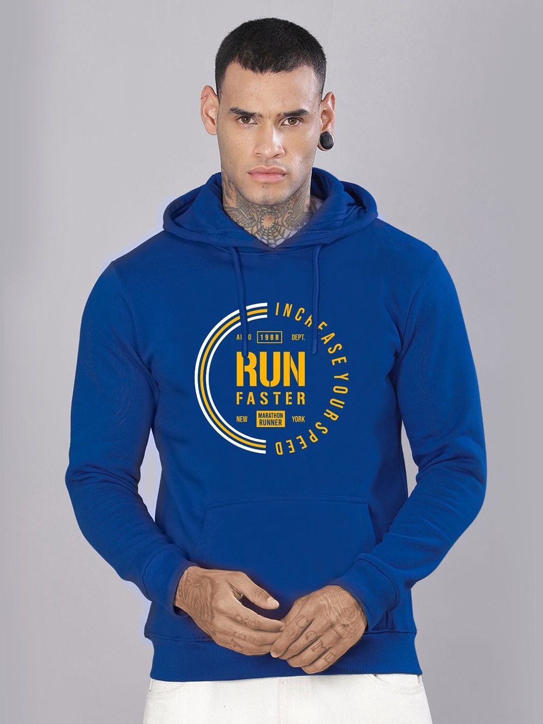 

ADRO Men Typography Printed Hood Cotton Pullover Sweatshirt, Blue
