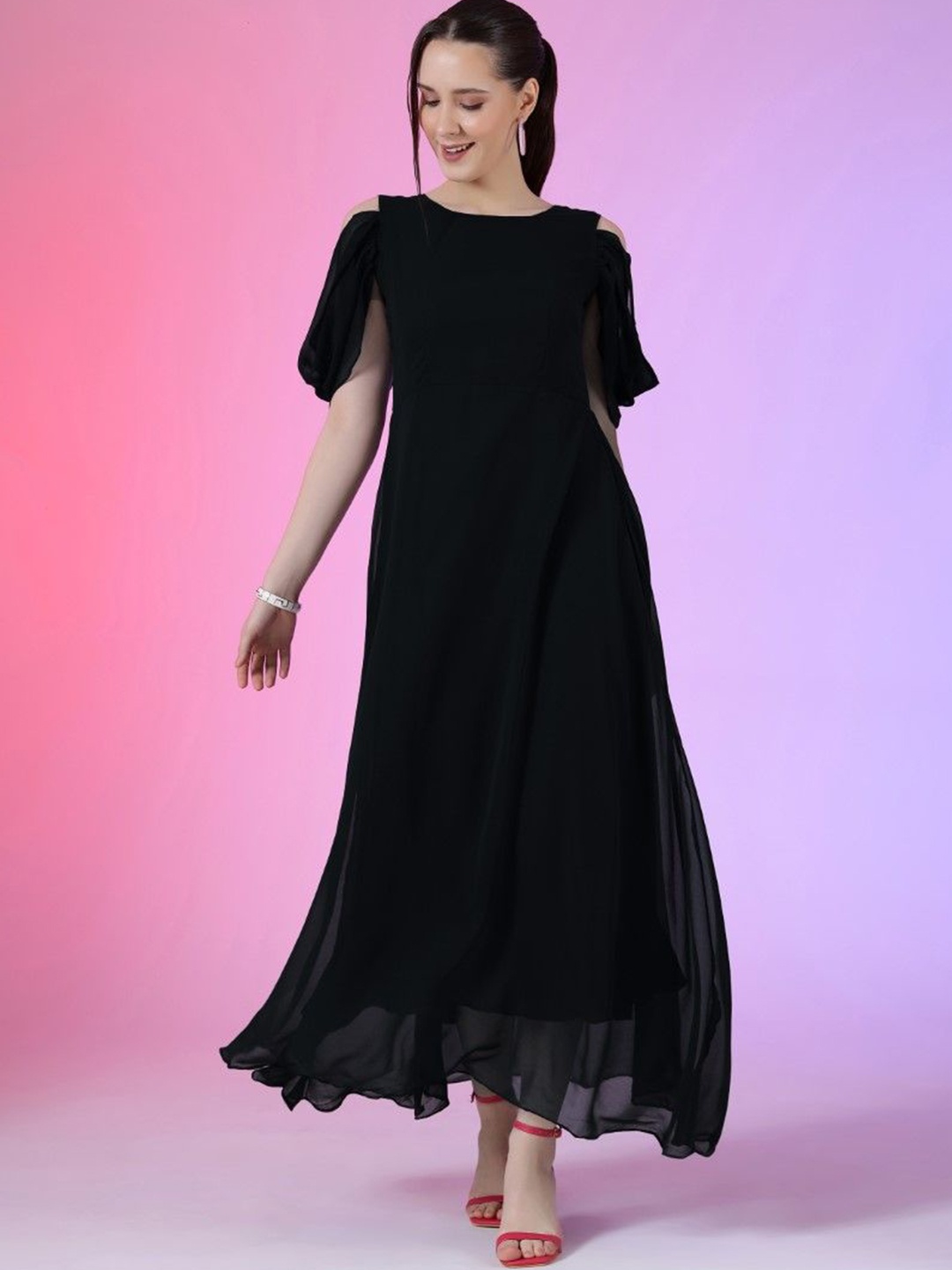 

Femvy Cap Sleeves Georgette Maxi Dress, Black