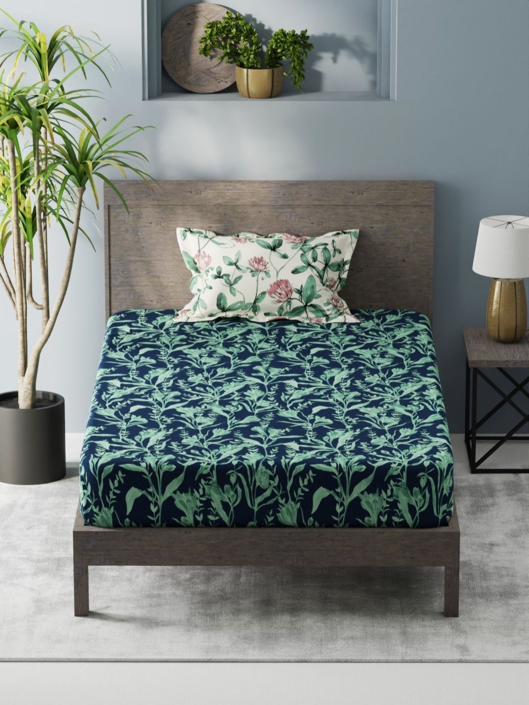 

KOPA Navy Blue & Green Floral 200 TC Single Bedsheet with 1 Pillow Covers