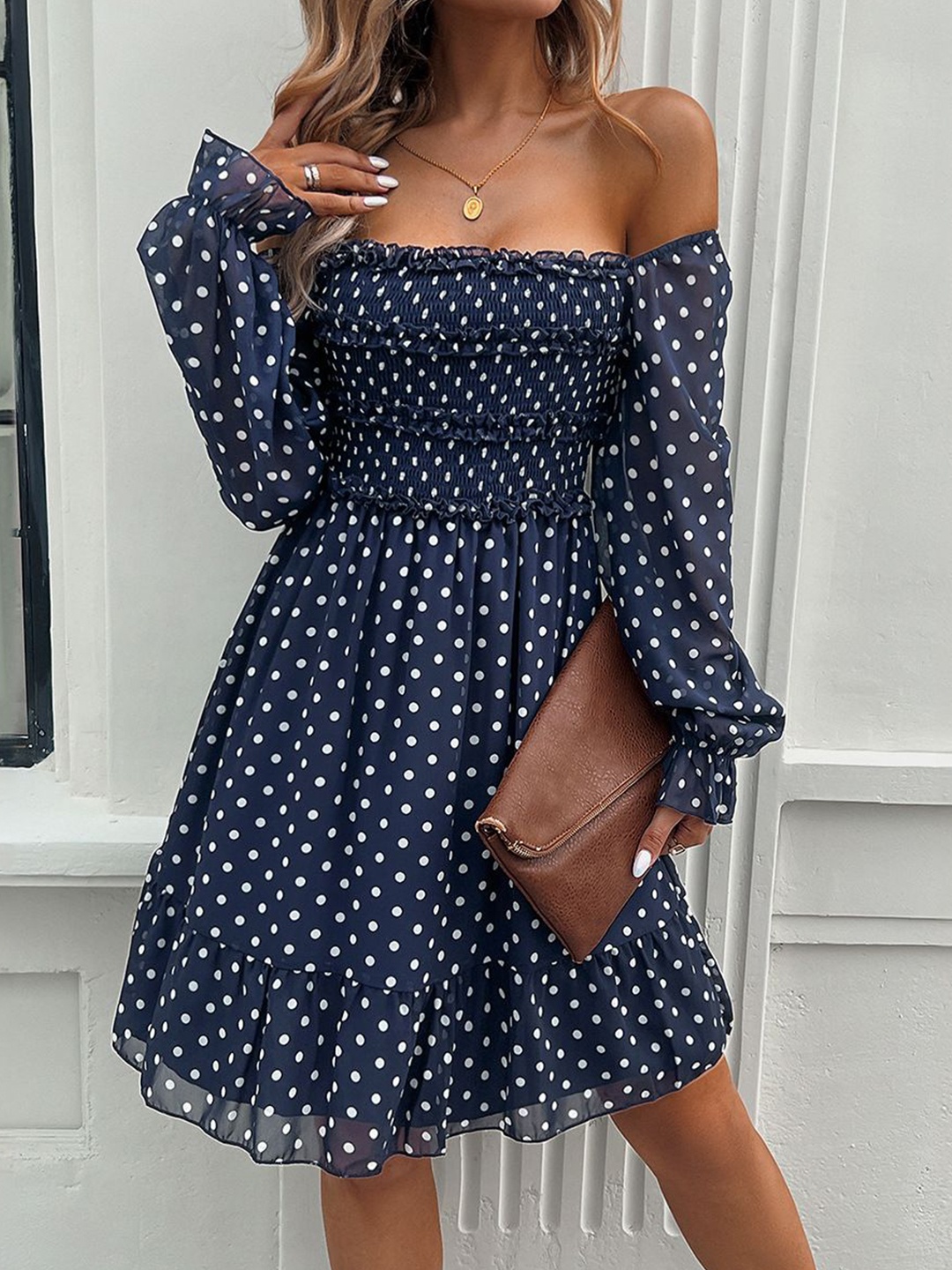 

StyleCast Polka Dot Printed Puff Sleeve Fit & Flare Dress, Blue