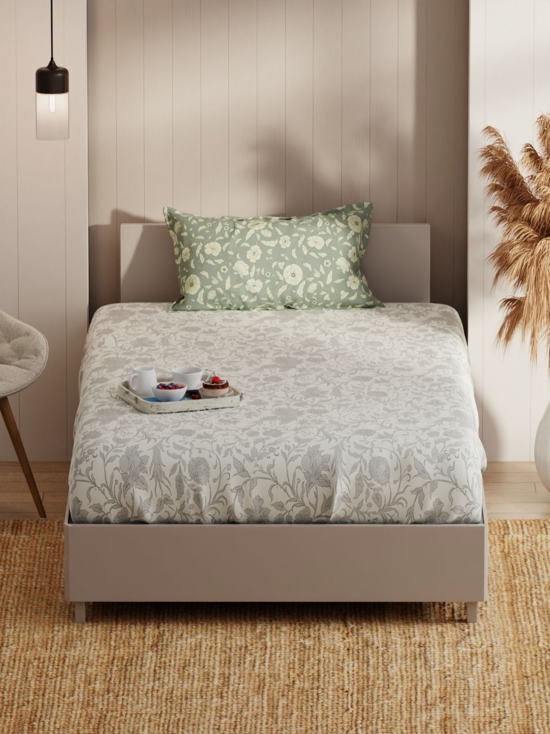 

KOPA Grey & Green Floral 152 TC Microfiber Single Bedsheet Set-1.55 m X 2.36 m