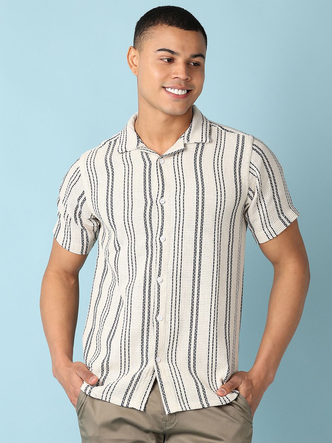 

V-Mart Men Spread Collar Vertical Striped Cotton Casual Shirt, Beige