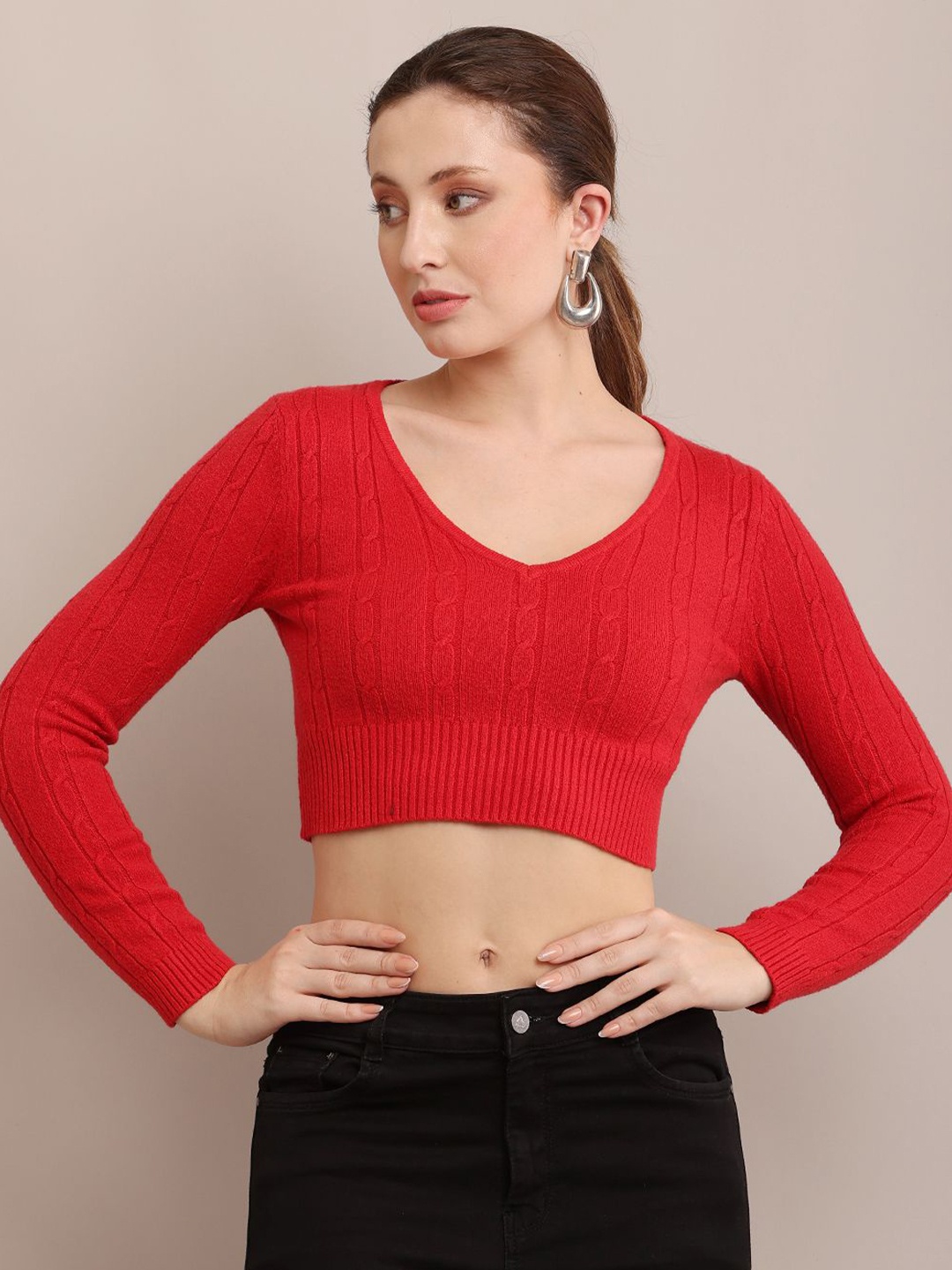 

NoBarr Women Self Design V-Neck Cotton Top, Red