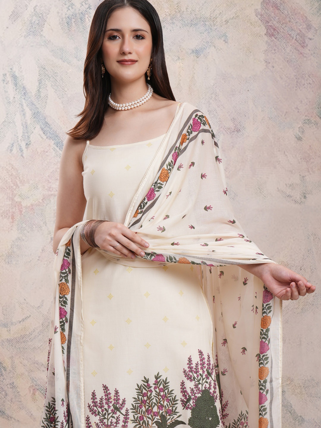 

Vishudh Floral Printed Pure Cotton Kurta With Trousers & Dupatta, Cream
