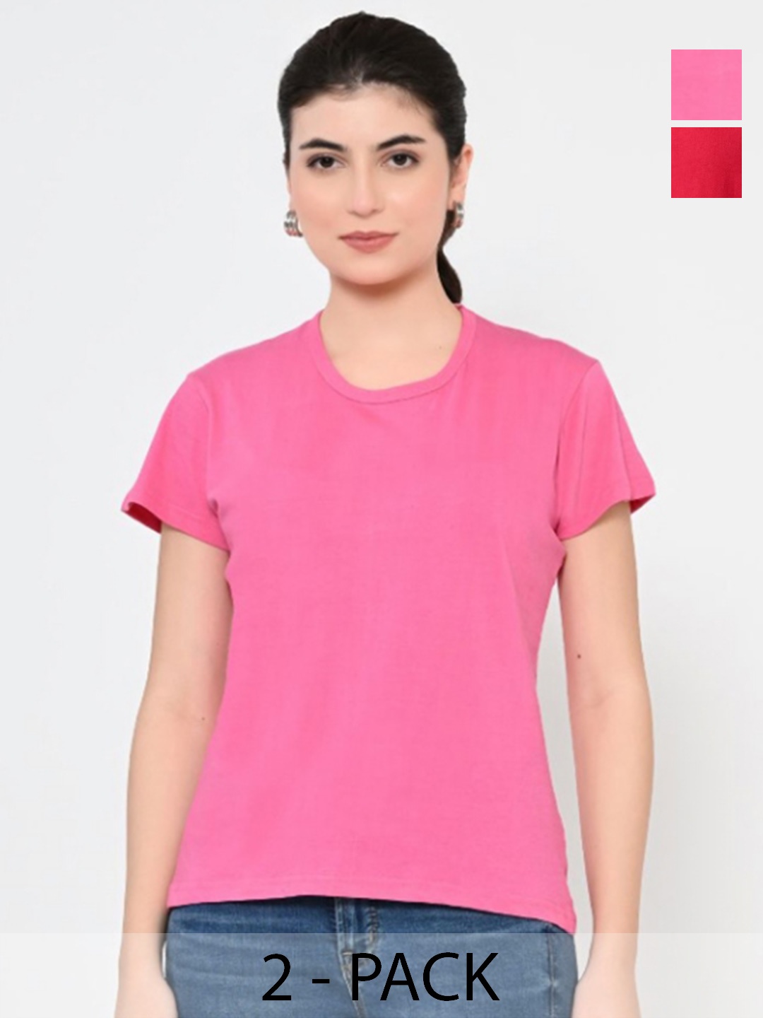 

BAESD Women Pack Of 2 Solid Round Neck Cotton T-shirts, Pink