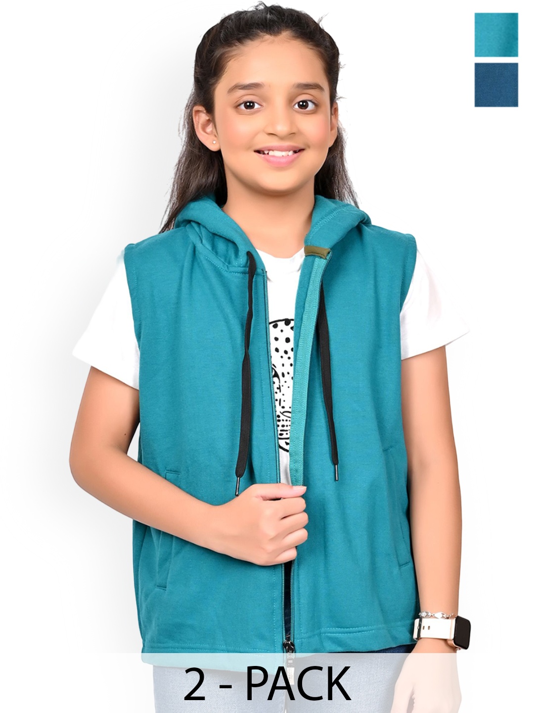 

BAESD Girls Pack Of 2 Solid Hooded Fleece Front Open Sweatshirts, Teal