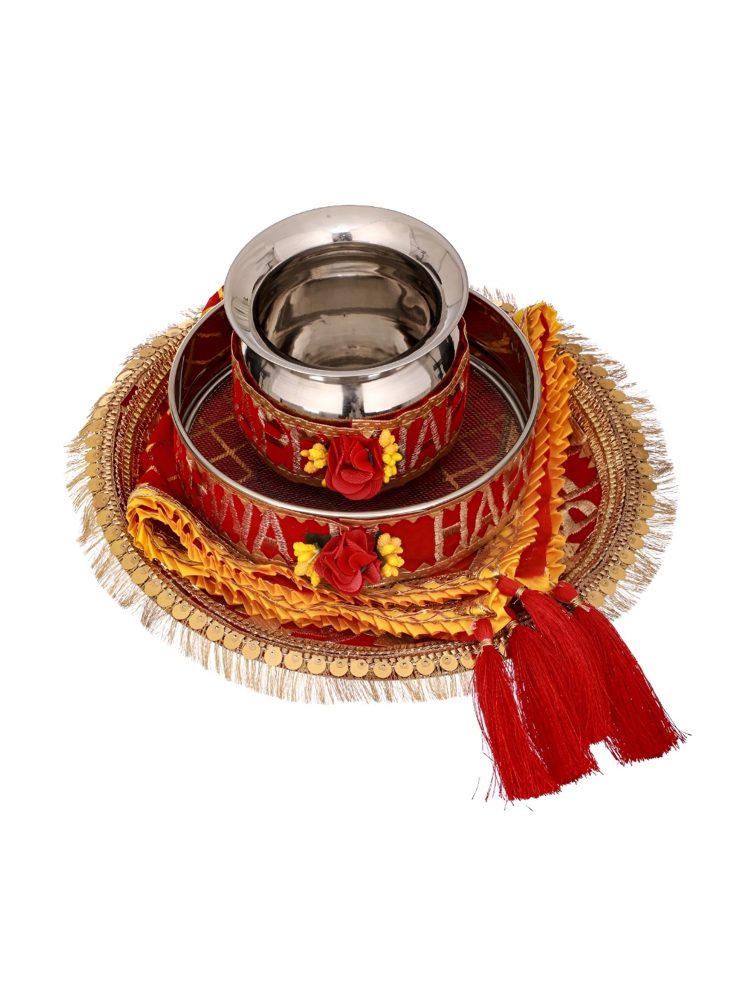 

TIED RIBBONS Red & Gold Toned 3 Pieces Karwachauth Pooja Thali With Lota & Channi