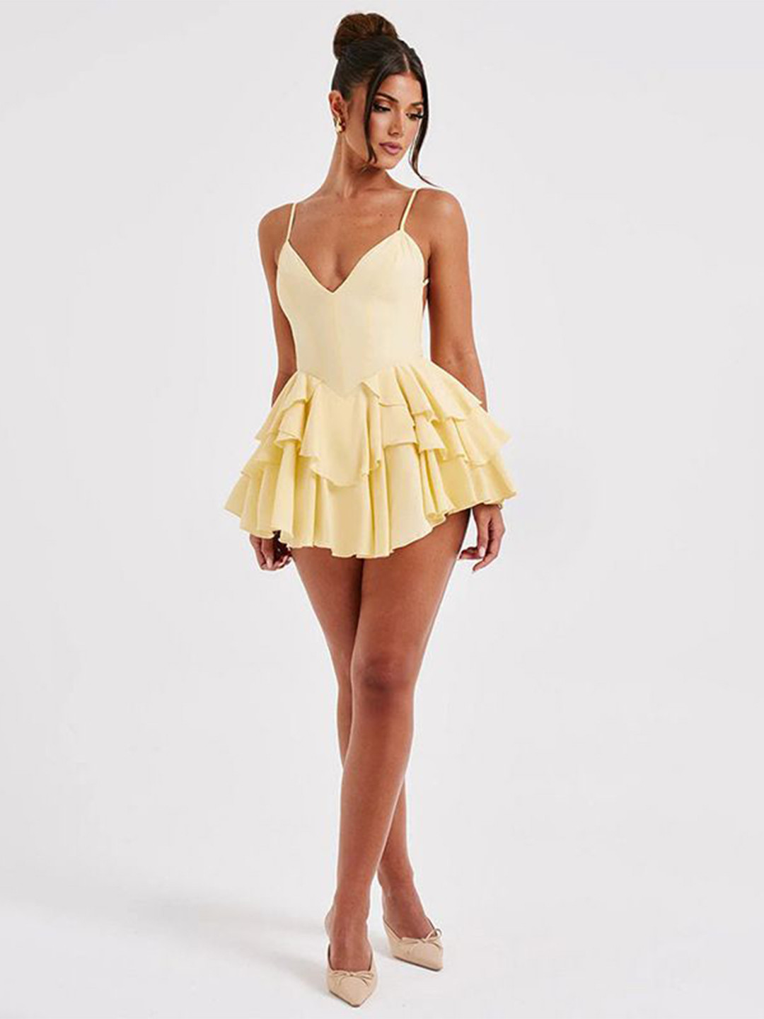

MIAKEE Women Solid Corset Mini Dress, Yellow