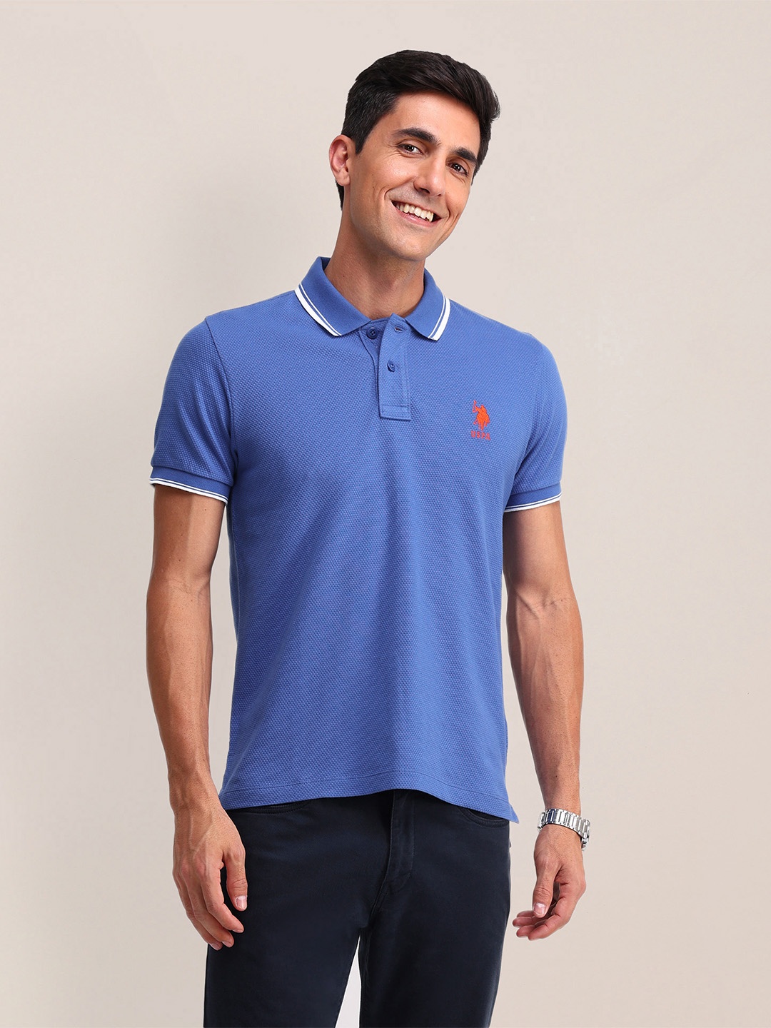 

U.S. Polo Assn. Polo Collar Self Design Pure Cotton Slim Fit T-shirt, Blue